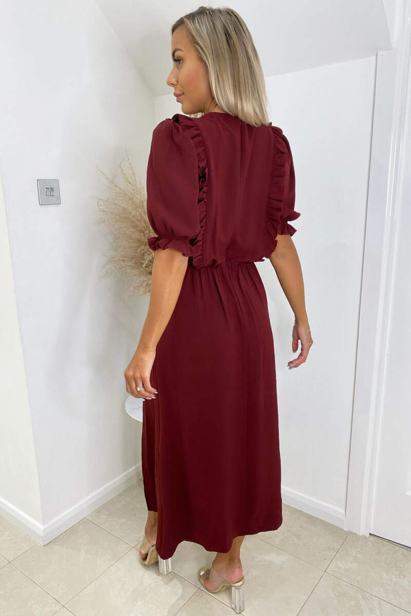 Kikodress - Wine Ruffle Split Leg Midi Dress