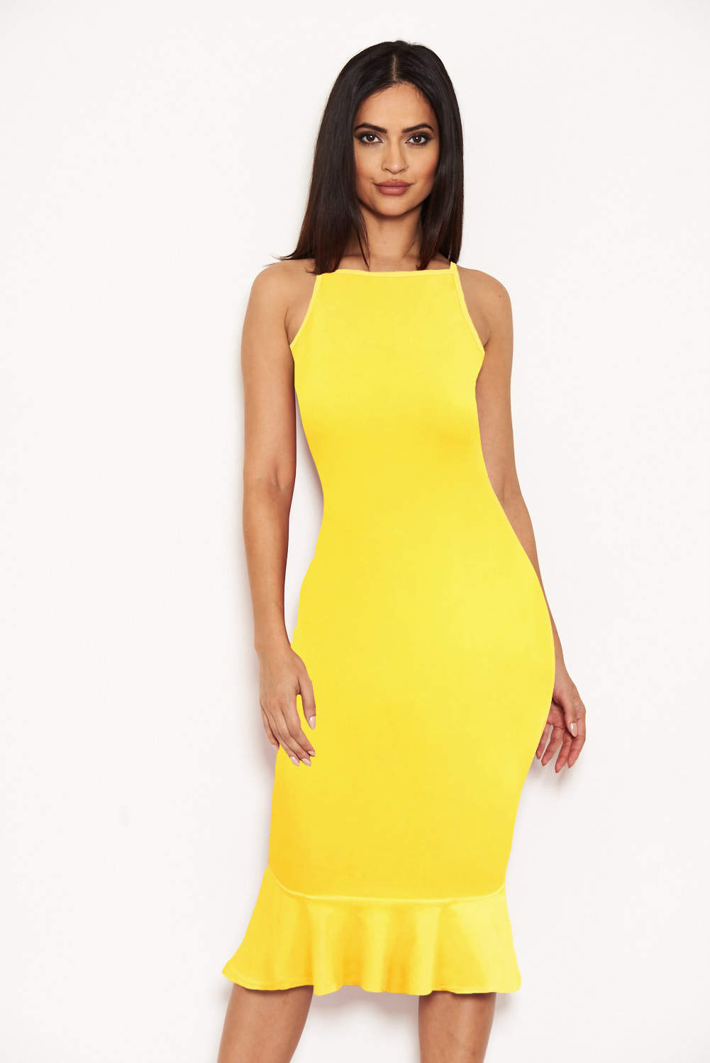 Kikodress - Yellow Bodycon Midi Dress With Frill Hem