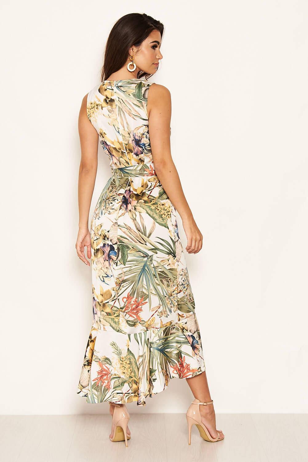 Kikodress - Cream Floral Sleeveless Maxi Dress with Belt