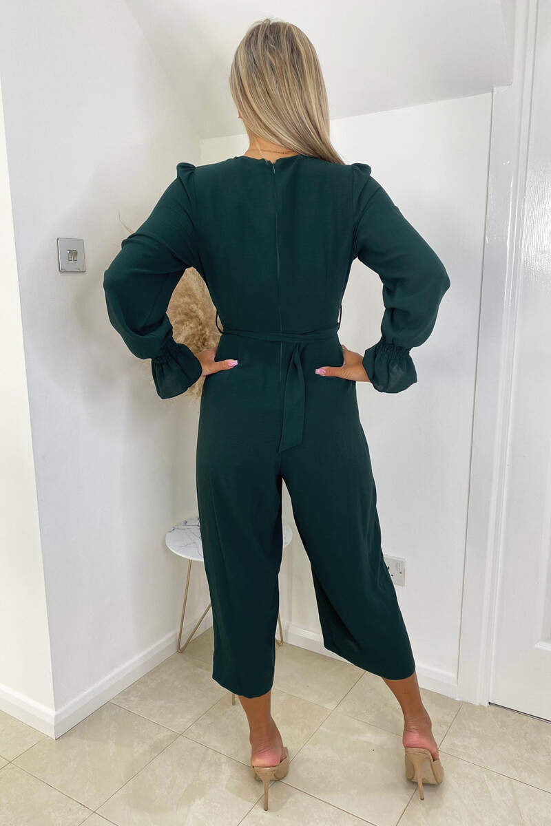 Kikodress - Teal Wrap Over Elasticated Cuff Belted Jumpsuit