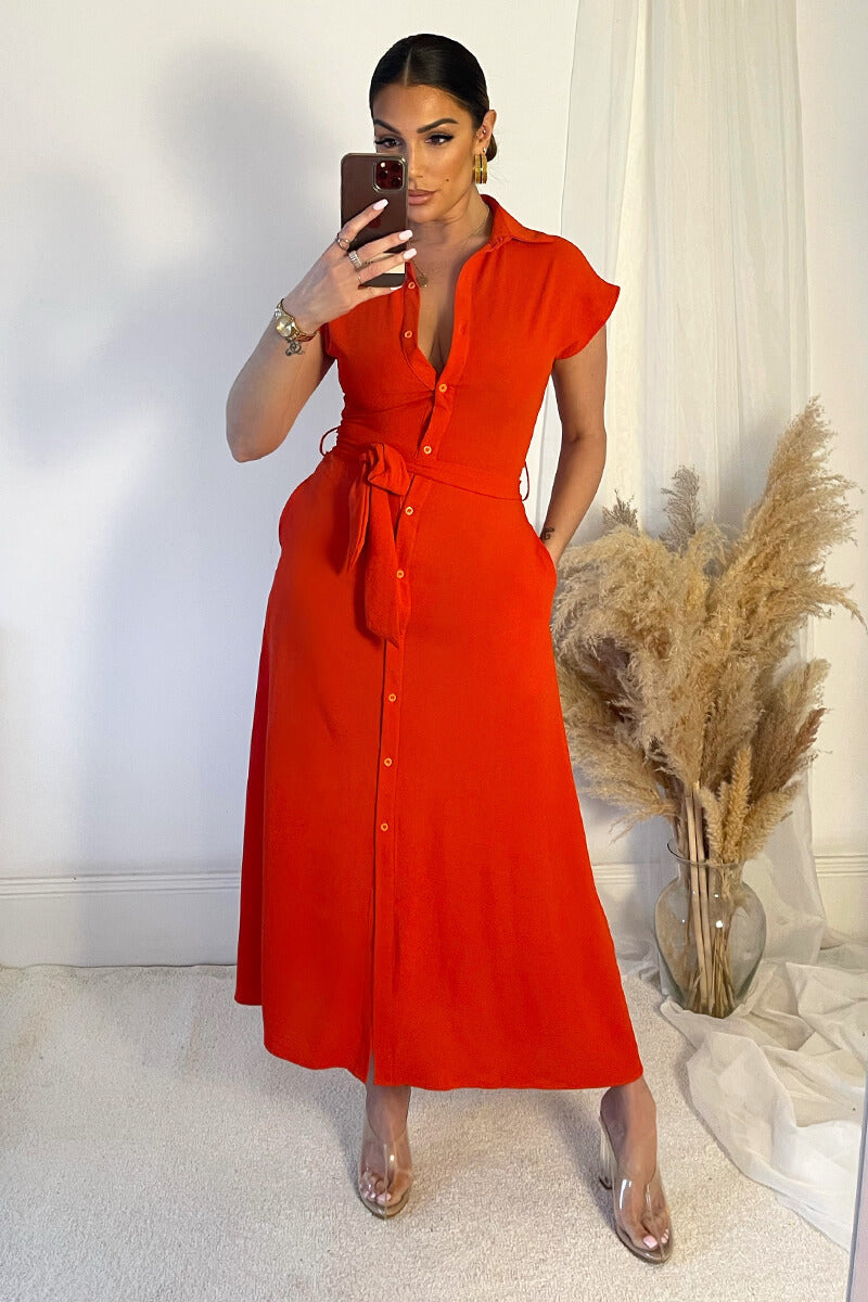 Kikodress - Burnt Orange Tie Waist Button Up Midi Dress
