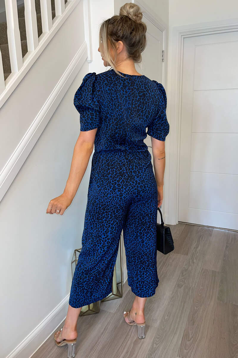 Kikodress - Blue Animal Print Puff Sleeve Jumpsuit