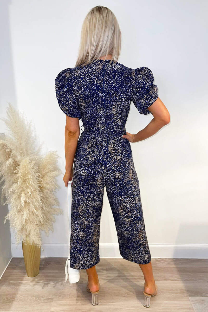 Kikodress - Navy Printed Puff Wrap Over Jumpsuit