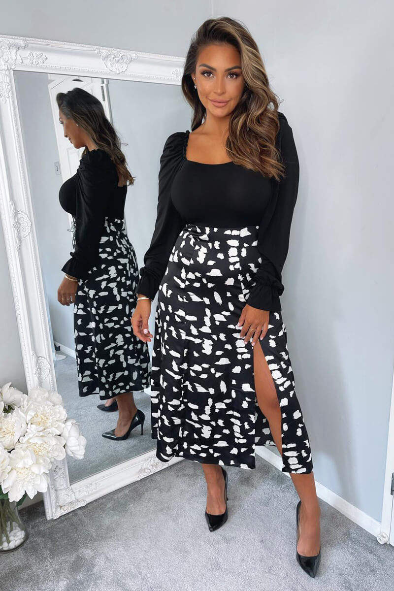 Kikodress - Black And White Square Neck 2 in 1 Midi Dress