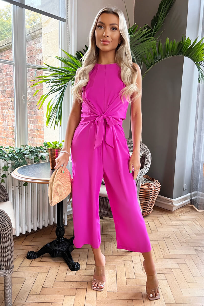 Kikodress - Hot Pink Sleeveless Knot Front Jumpsuit