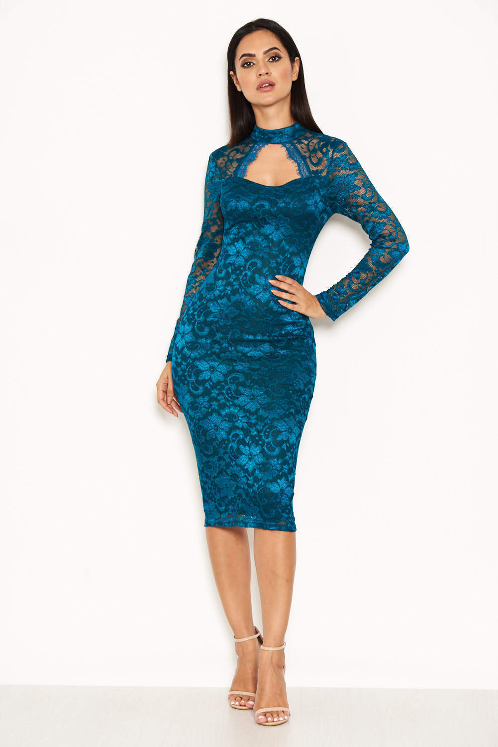 Kikodress - Teal Lace Midi Dress With Long Sleeves