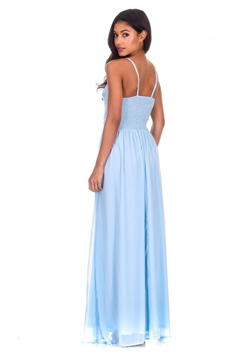 Kikodress - Blue Mesh Embroidery Maxi Dress