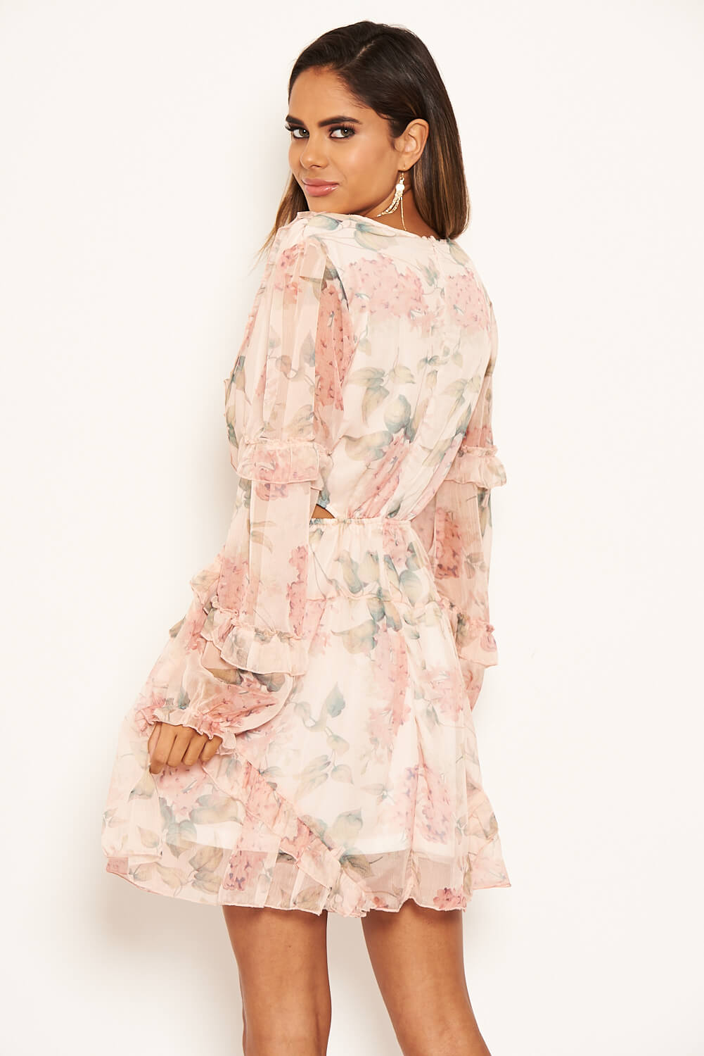 Kikodress - Peach Floral Cut Out Frill Sheer Dress