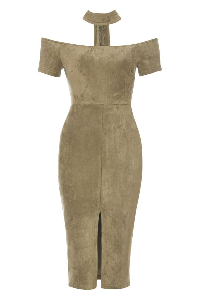 Kikodress - Khaki Off The Shoulder Choker Dress With Capped Sleeves