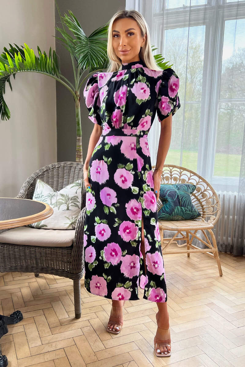 Kikodress - Black Floral Printed Short Puff Sleeve Midi Dress
