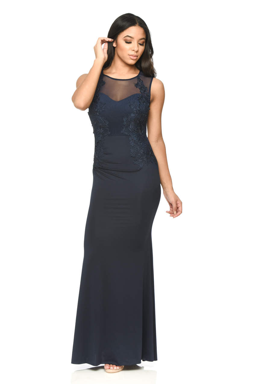 Kikodress - Navy Floor Length Fitted Dress With Lace Detail