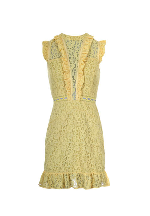 Kikodress - Yellow Lace Frill Detail Dress