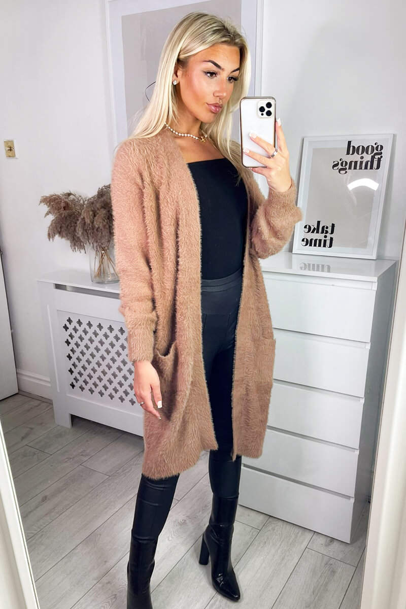 Kikodress - Camel Fluffy Long Cardigan