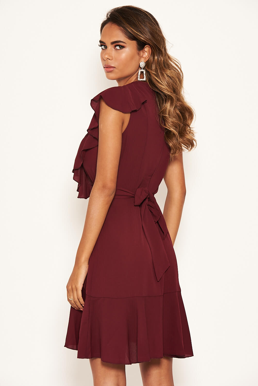Kikodress - Plum Wrap Frill Detail Dress