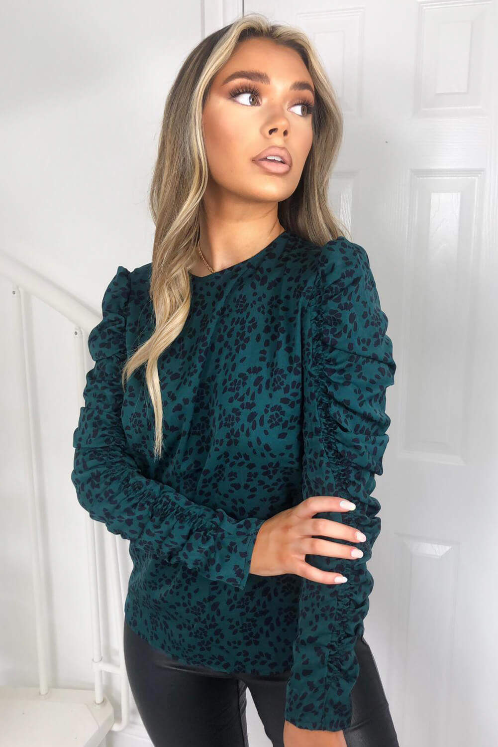 Kikodress - Teal Printed Ruched Long Sleeve Top