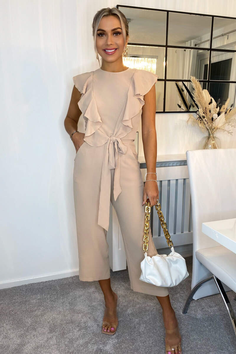 Kikodress - Nude Frill Front Belted Jumpsuit