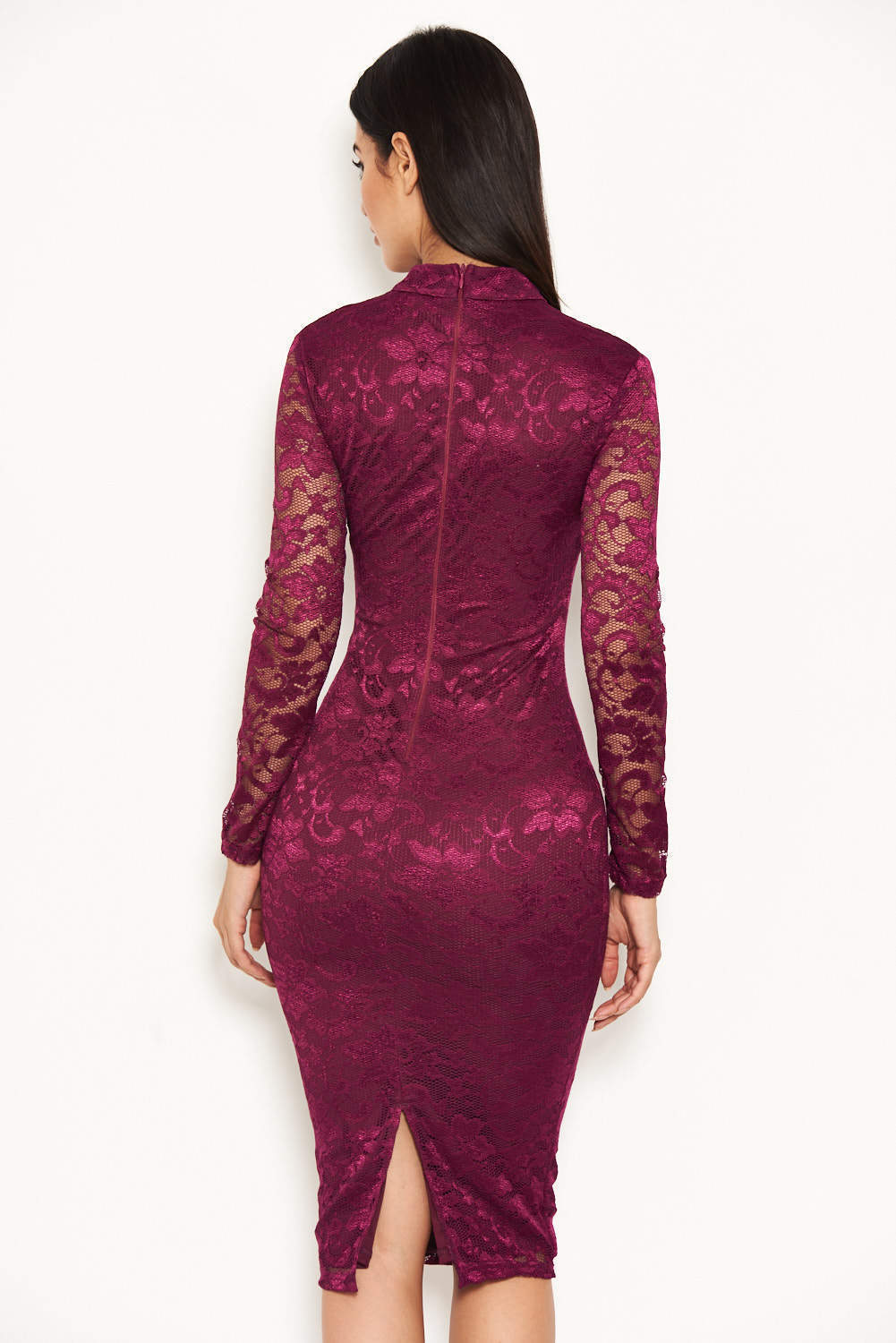Kikodress - Plum Lace Midi Dress With Long Sleeves