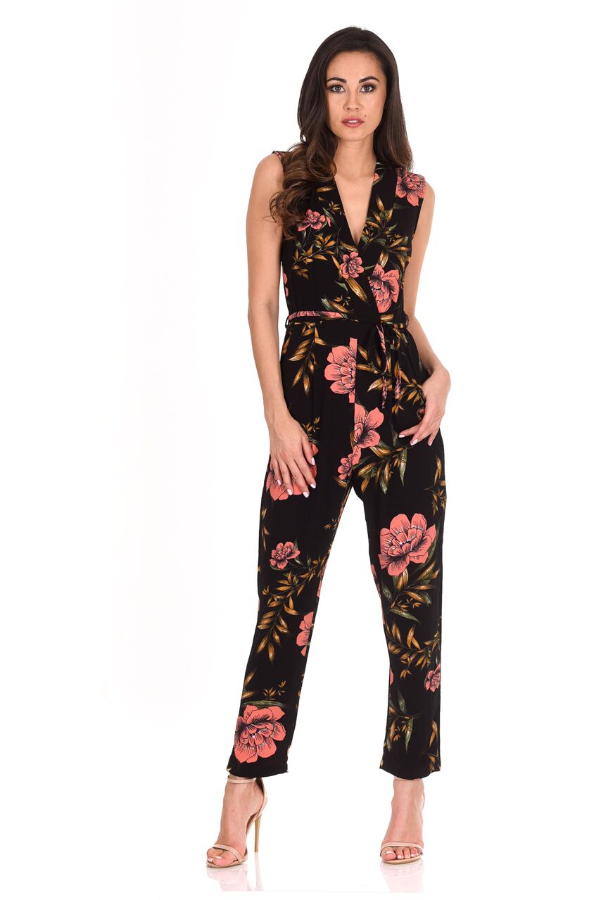 Kikodress - Black V-Neck Floral Print Jumpsuit