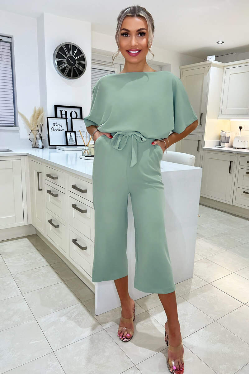 Kikodress - Duck Egg Tie Waist Short Sleeve Culotte Jumpsuit