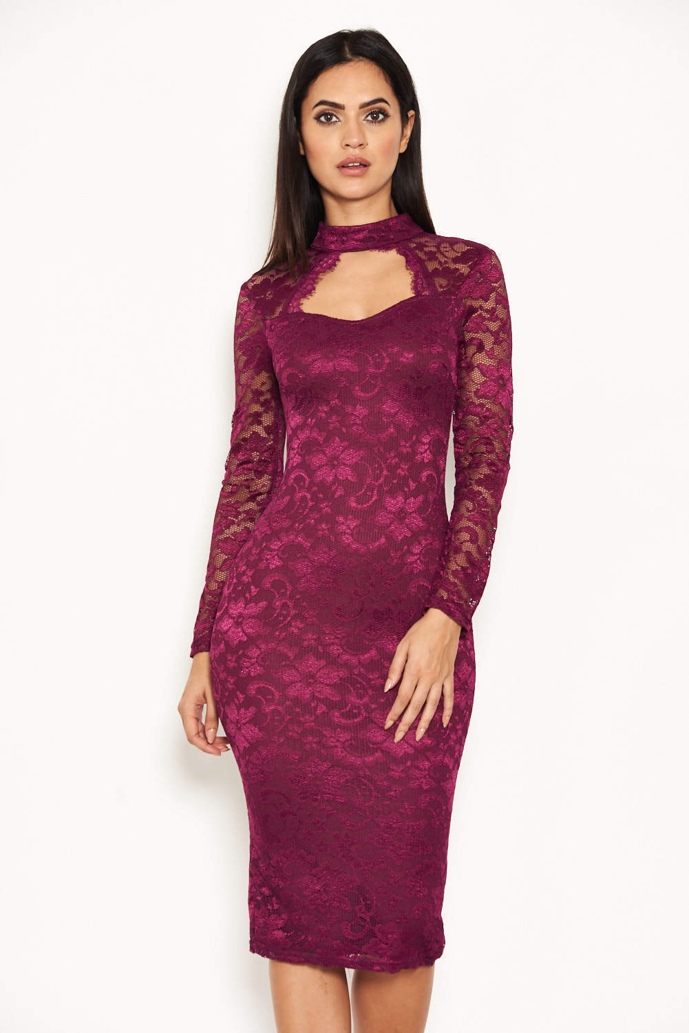 Kikodress - Plum Lace Midi Dress With Long Sleeves