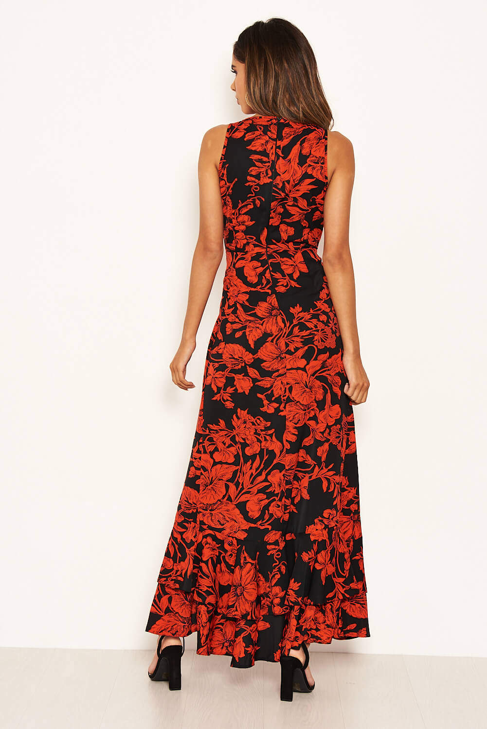 Kikodress - Red Floral Frill Hem Maxi Dress