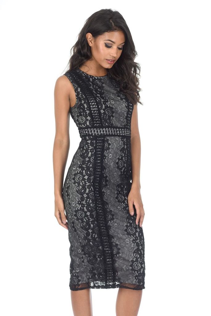 Kikodress - Black and Grey Lace Midi Dress