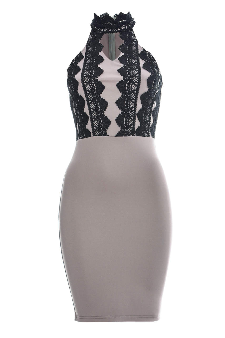 Kikodress - High Neck Lace Front Bodycon Mini Dress