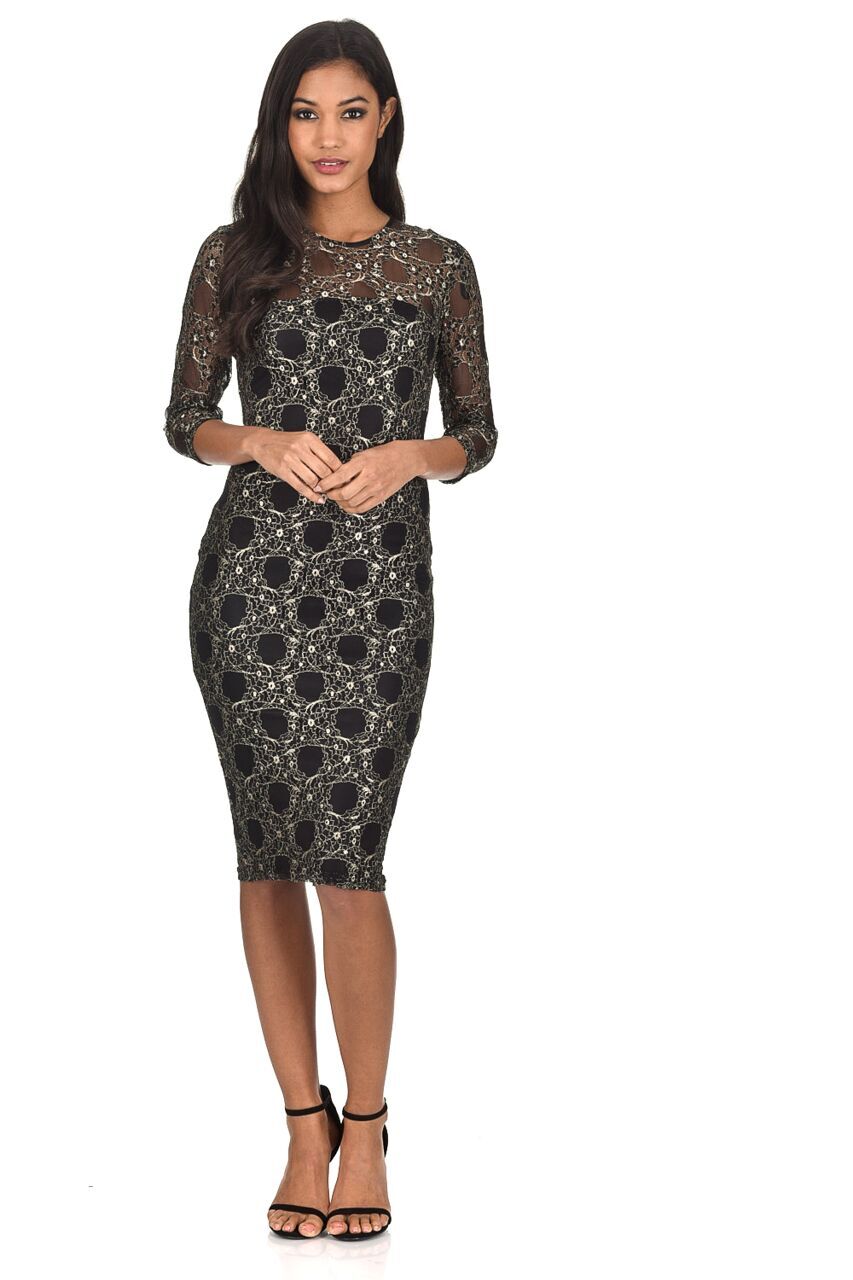 Kikodress - Black And Gold Lace Bodycon Dress