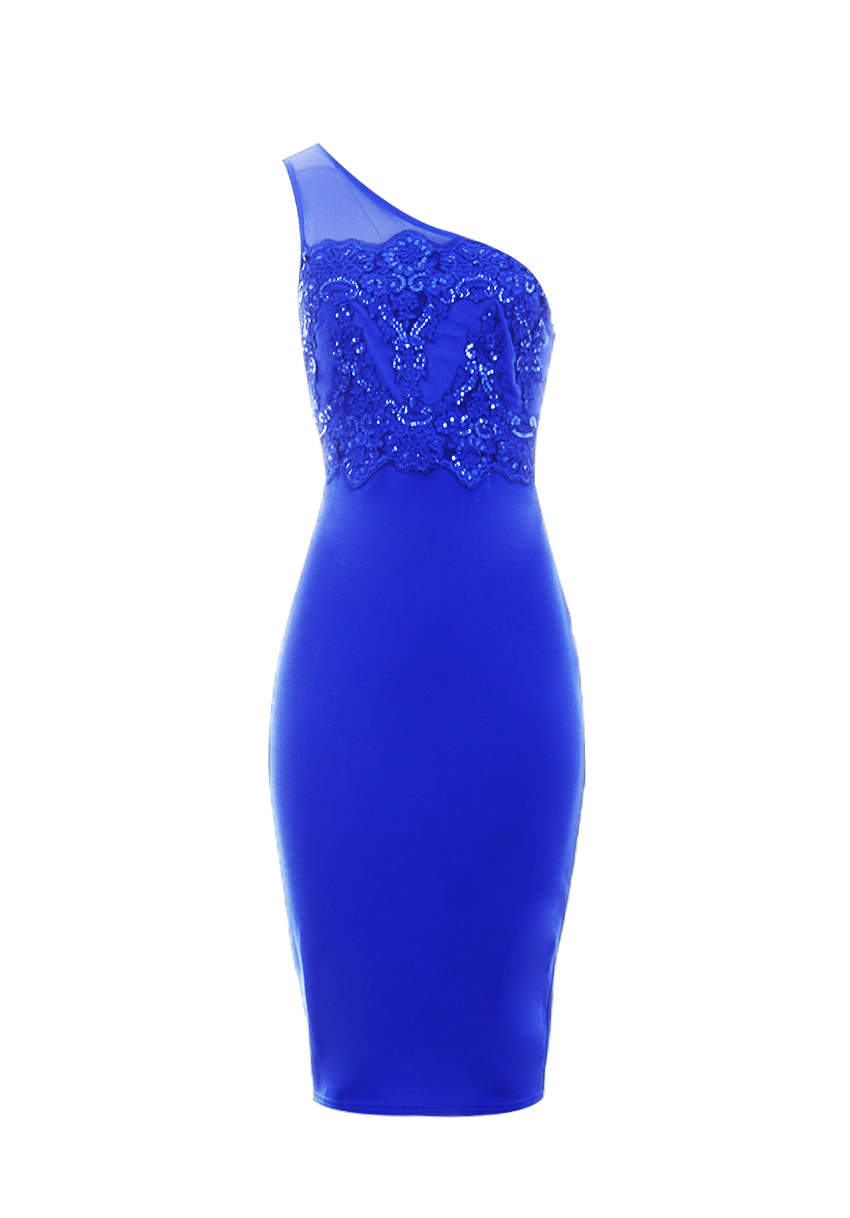 Kikodress - Blue One Shoulder Sequin Embroidered Bodycon