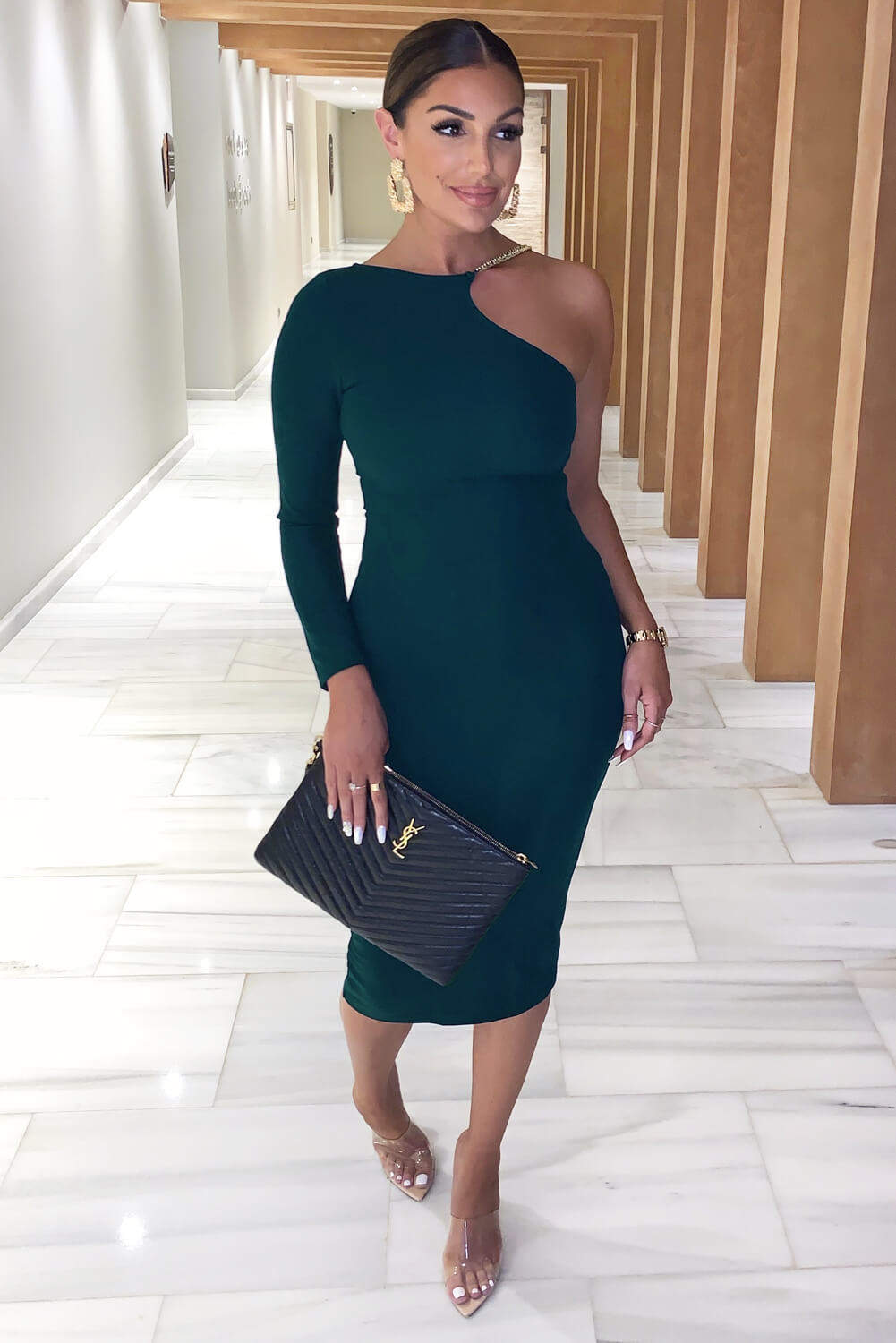 Kikodress - Teal One Shoulder Midi Dress With Chain Detail