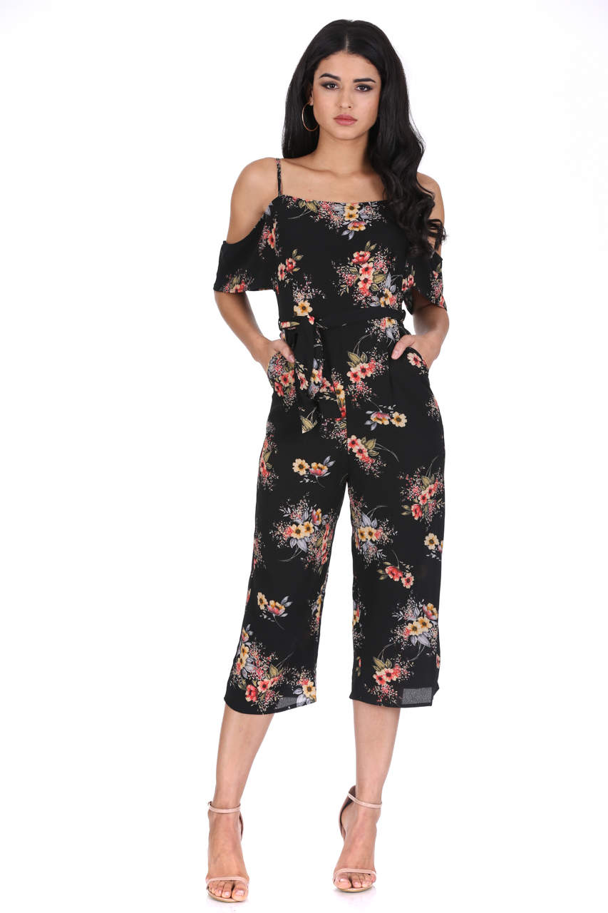 Kikodress - Black Floral Cold Shoulder Jumpsuit