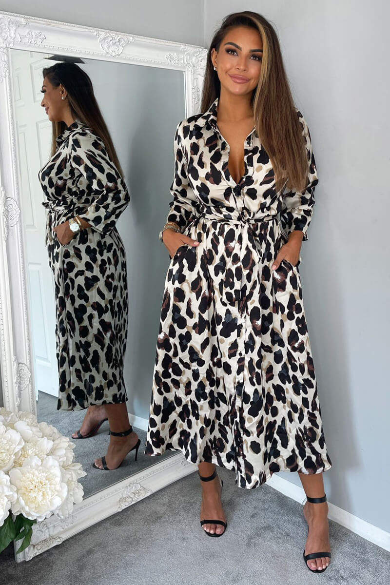 Kikodress - Leopard Print Button Up Midi Dress