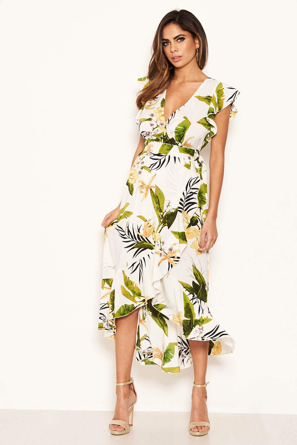 Kikodress - Cream Tropical Print Frill Wrap Dress With D Ring Belt
