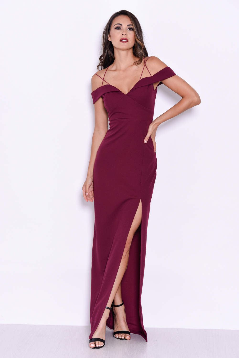Kikodress - Plum Strappy Off The Shoulder Side Split Maxi Dress