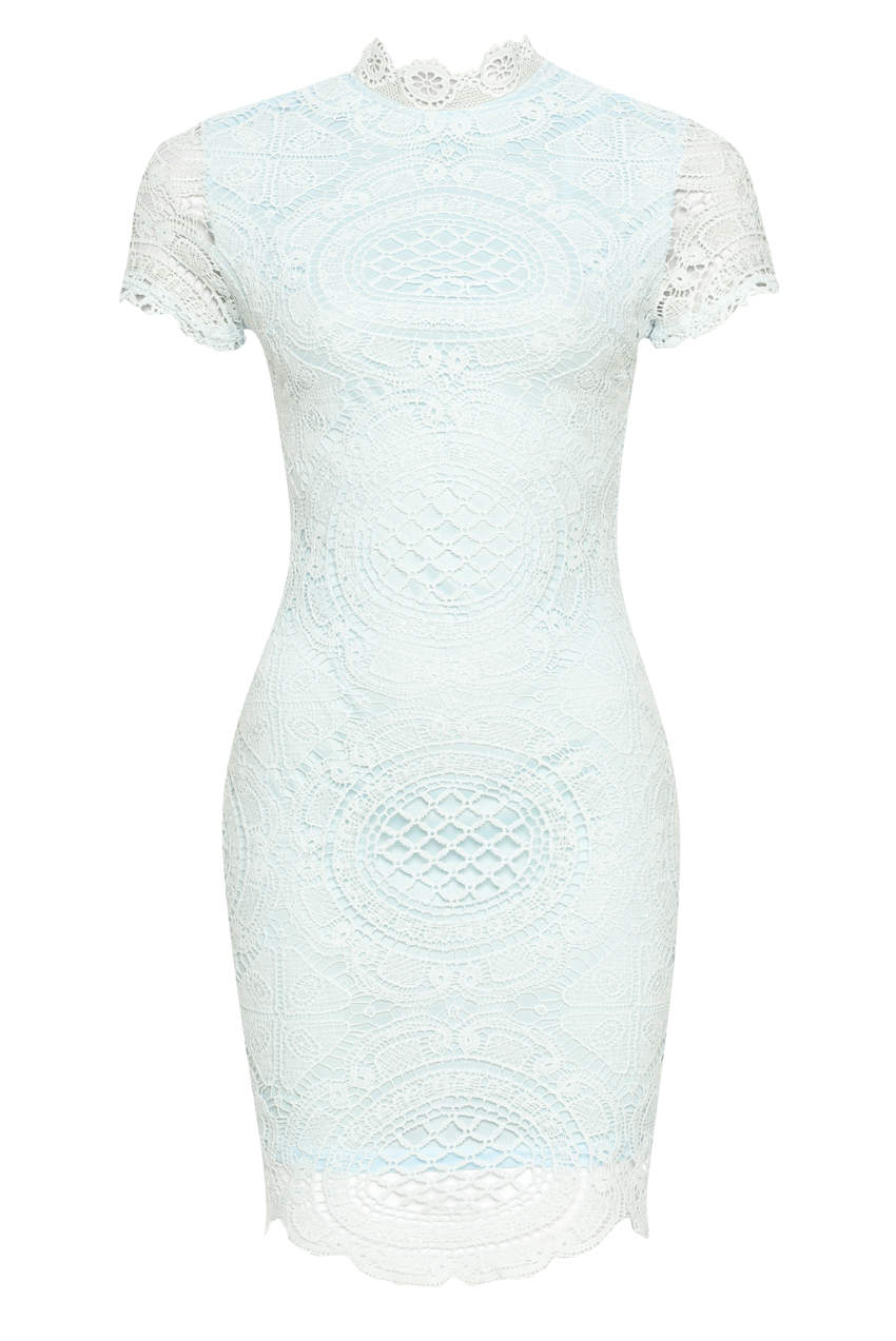 Kikodress - Baby Blue High Neck Lace Mini Dress