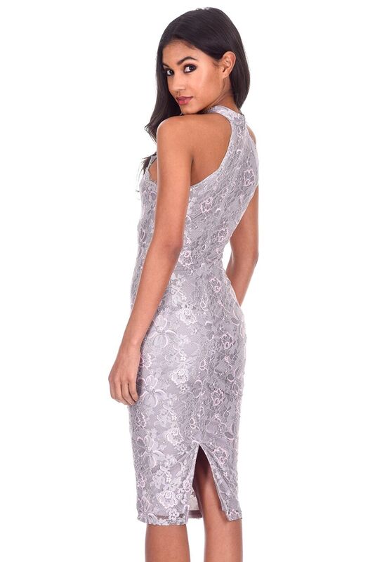 Kikodress - Grey Lace Cut In Neck Midi Dress
