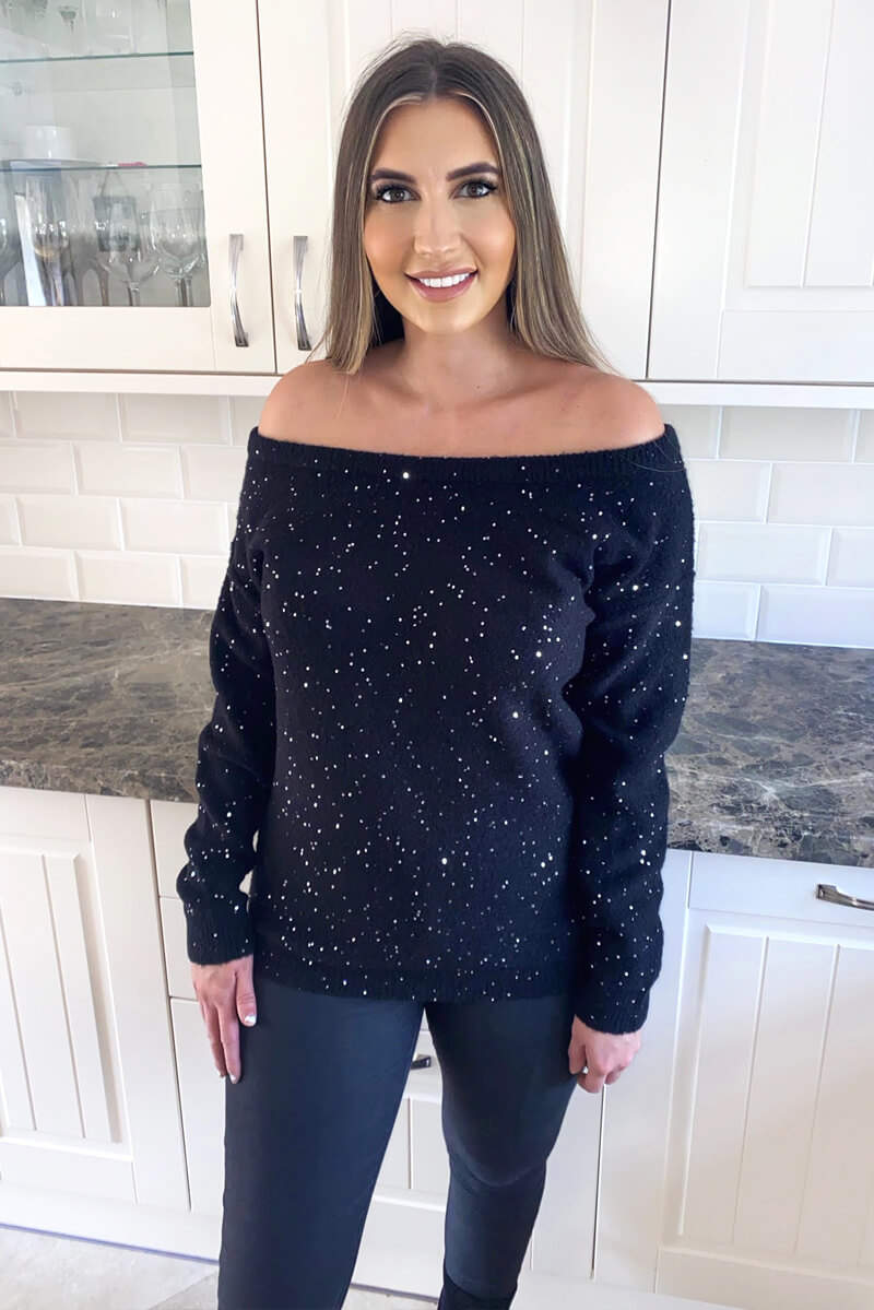 Kikodress - Black Sequin Off The Shoulder Knit Jumper