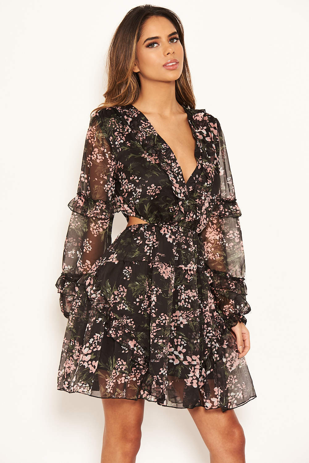 Kikodress - Black Floral Frill Cut Out Dress