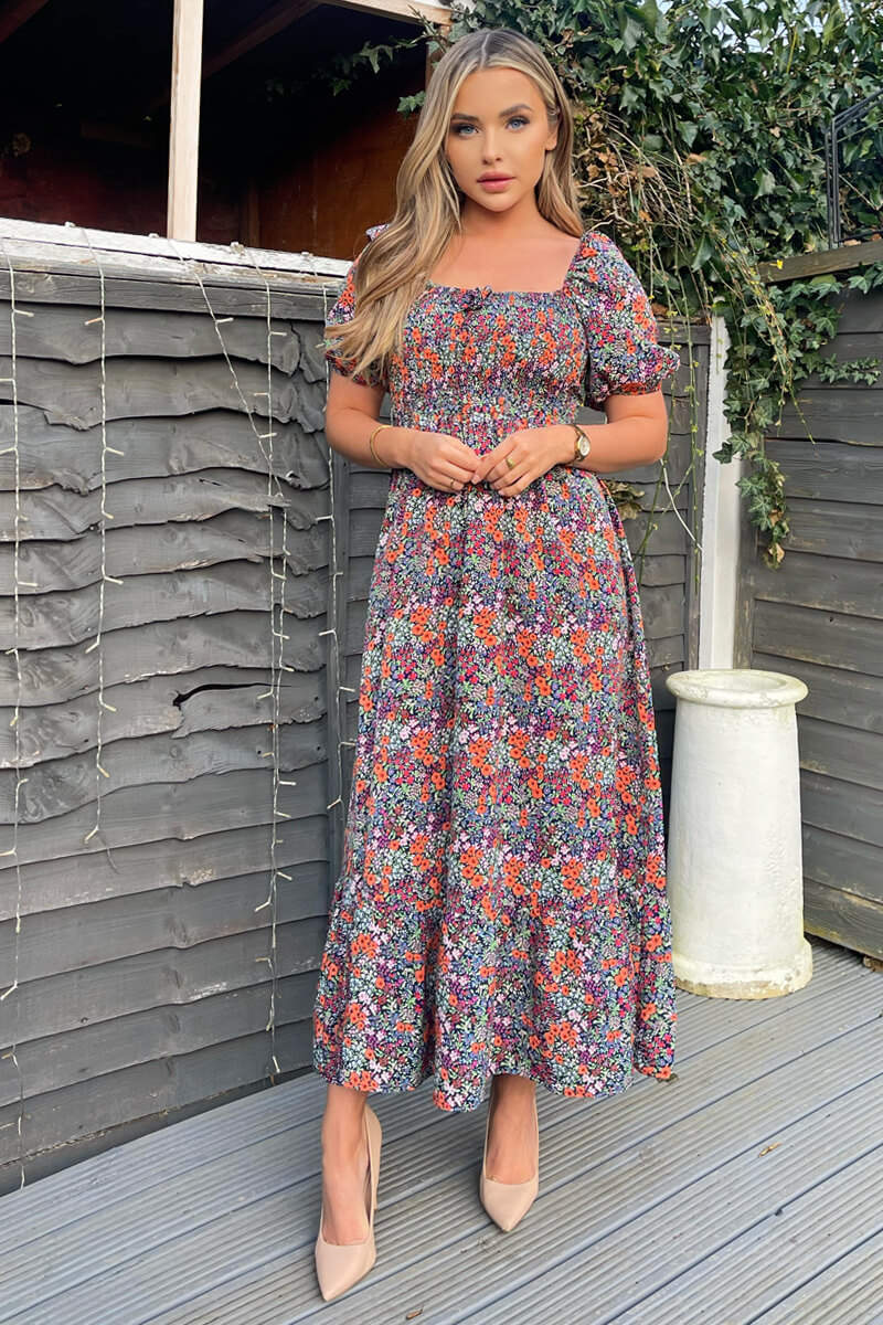 Kikodress - Navy And Orange Floral Printed Puff Sleeve Smock Dress