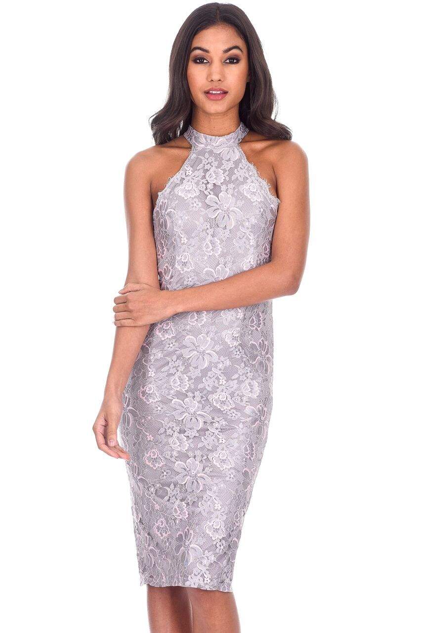 Kikodress - Grey Lace Cut In Neck Midi Dress