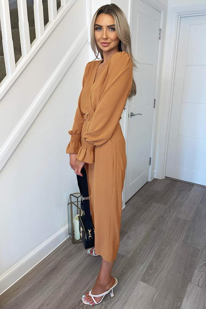 Kikodress - Mocha Wrap Over Elasticated Cuff Belted Jumpsuit