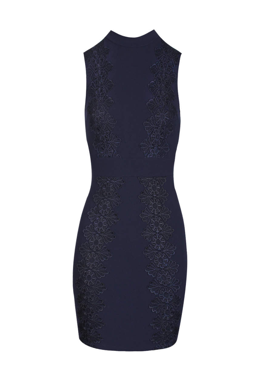 Kikodress - Navy Crochet Detail High Neck Mini Dress