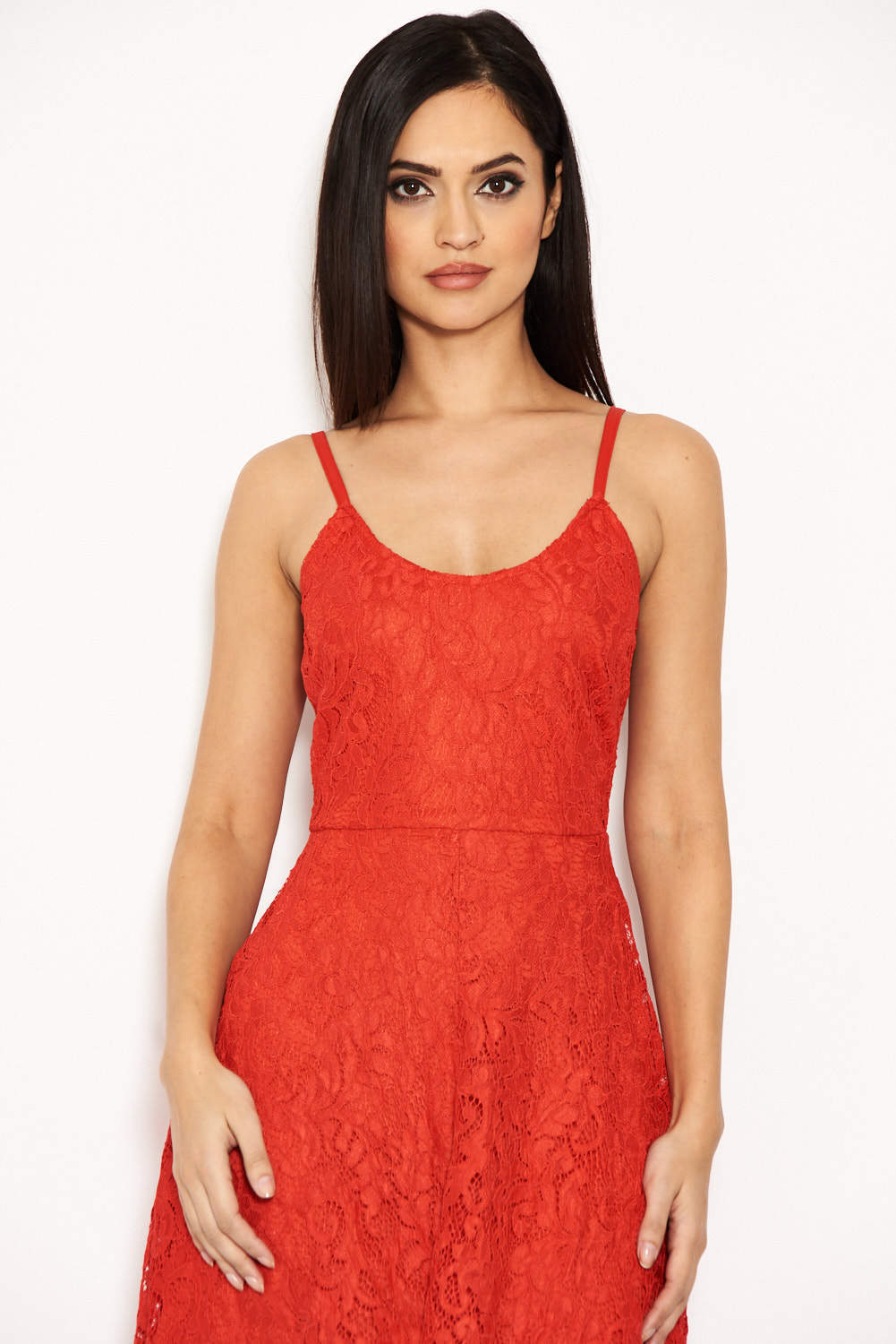 Kikodress - Red Lace Strappy Waterfall Front Dress