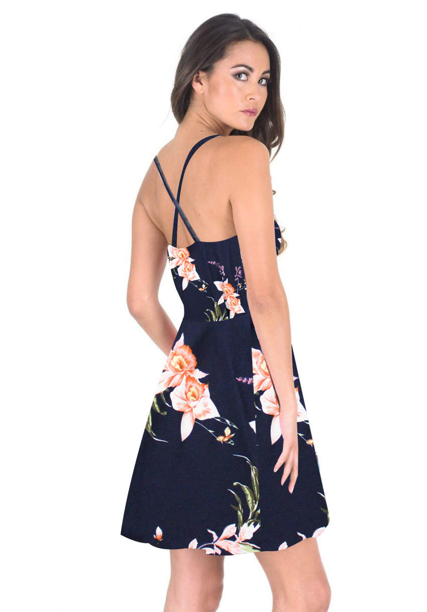 Kikodress - Navy Floral V-Neck Strappy Skater Dress