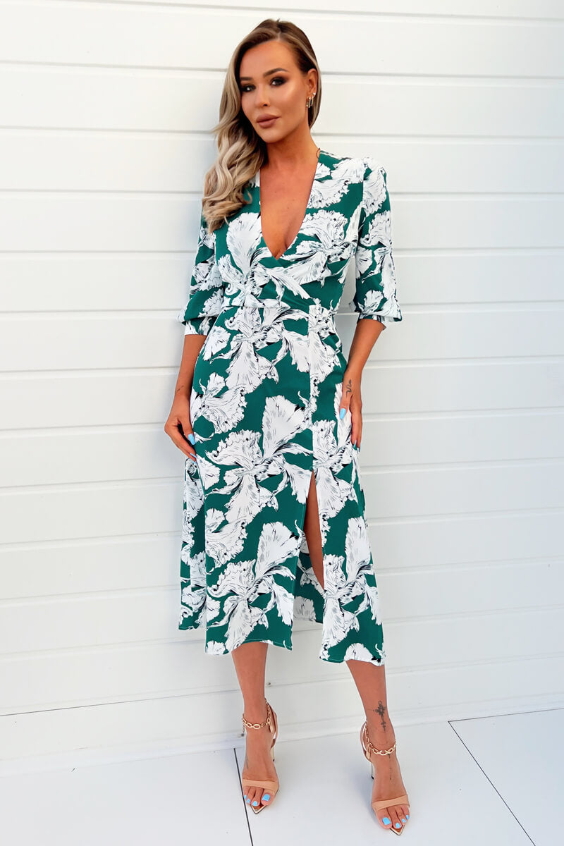 Kikodress - Green And White Floral Print Wrap Top Midi Dress