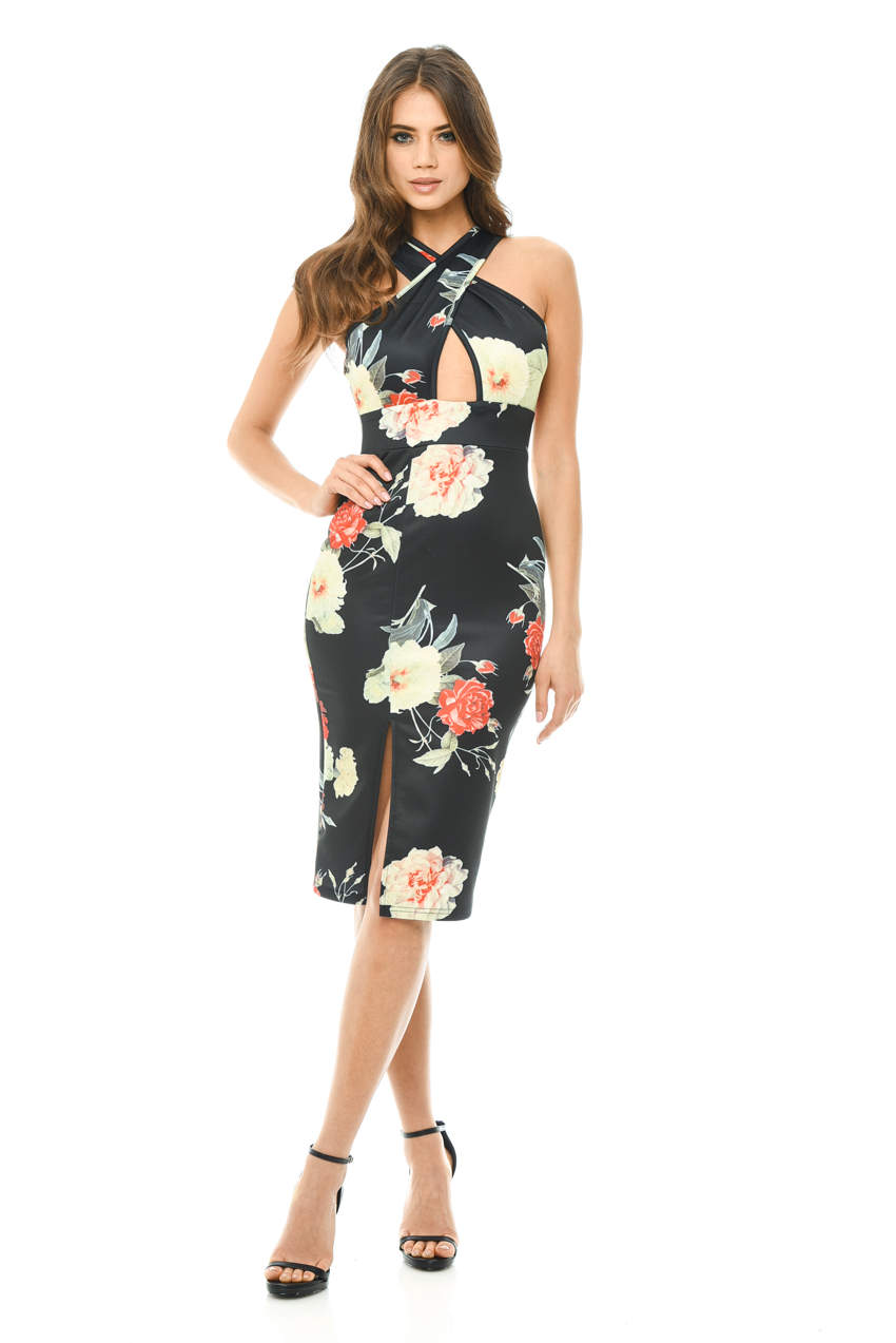 Kikodress - Floral Cross Front Midi Dress