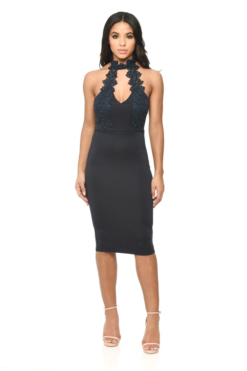 Kikodress - Navy Halterneck Choker Dress With Lace Detail