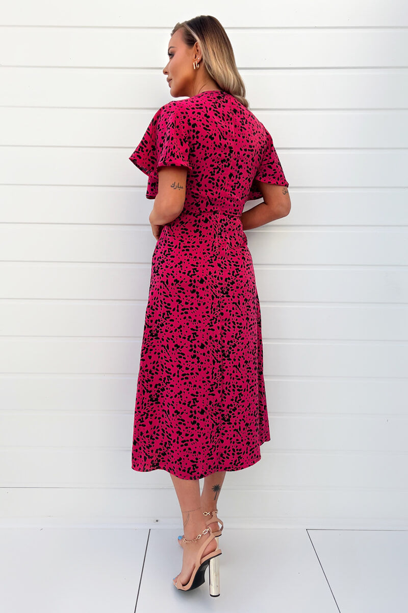 Kikodress - Pink And Black Printed Split Skirt Midi Dress