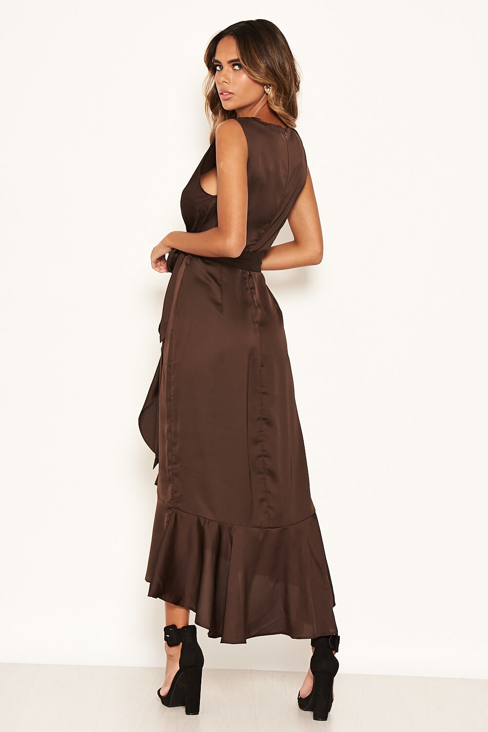 Kikodress - Chocolate Wrap Frill Hem Maxi Dress with Tie Belt
