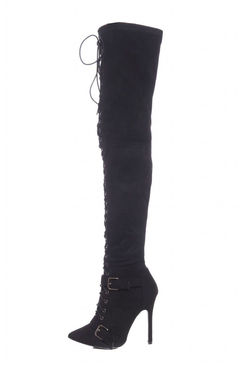Kikodress - Lace Up Buckled Knee High Boots